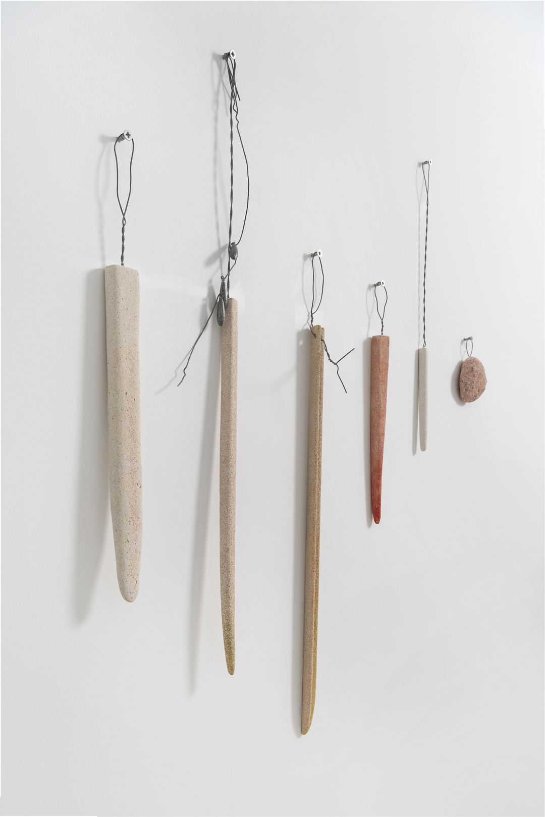ARTEFACTS, 2024 | calcarenite stone Pachna formation / wire / colour / lead weight sinkers / variable dimensions